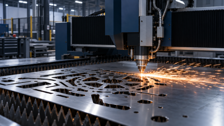 CNC lazer kesim makinesinde programlı metal sac kesimi